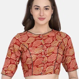 THE WEAVE TRAVELLER Women Red Kalamkari Printed Cotton Non-Padded Readymade Saree Blouse-picture-28