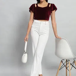 VAARARO Sweetheart Neck Flutter Sleeves Cut-Out Stretchable Velvet Crop Top image 2