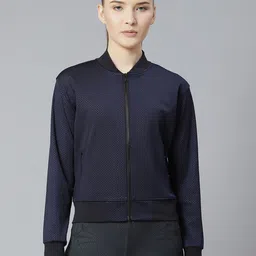 skyria Women Navy Blue Self Design Bomber Jacket image 1