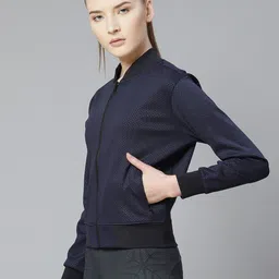 skyria Women Navy Blue Self Design Bomber Jacket image 3