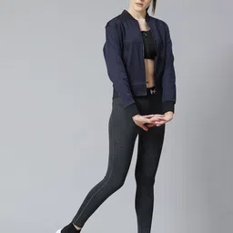 skyria Women Navy Blue Self Design Bomber Jacket image 2