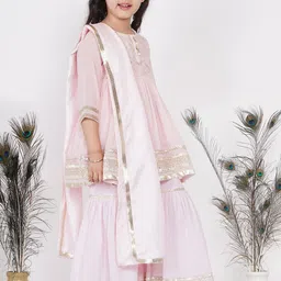 Little Bansi Girls Pink Embroidered Pleated Pure Cotton Kurti with Sharara & Dupatta image 2