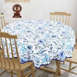 Texstylers Blue  & White 4-Seater Floral Anti-Slip Cotton Round  Table Cover-image-72