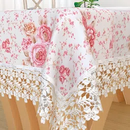 TANLOOMS White & Pink Floral Cotton Textured 6-Seater Table Cover-image-60