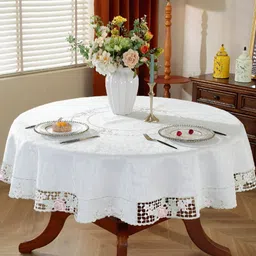 TANLOOMS White & Pink Floral Embroidered Anti-Skid Round Table Cover-image-9