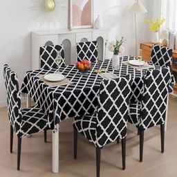 HOUSE OF QUIRK Black Printed (86.6" x 55") Waterproof Table Cover with 6 Chair Covers-image-69