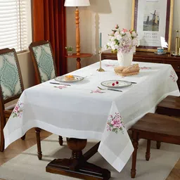 TANLOOMS White & Pink Floral Embroidered Rectangle Table Cover image 1