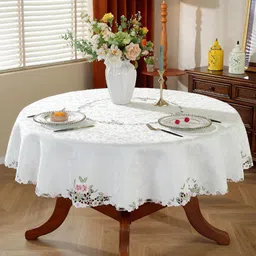 MONKDECOR White Floral Round 6-Seater Table Cover with Embroidered details-image-86