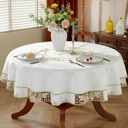 TANLOOMS White Floral Round 6-Seater Table Cover with Embroidered details-picture-35