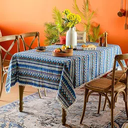 HOUSE OF QUIRK White & Blue Printed Rectangle Cotton Linen Dust-Proof Table Cover image 1