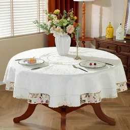 TANLOOMS White Floral Embroidered Round 6-Seater Table Cover-picture-25