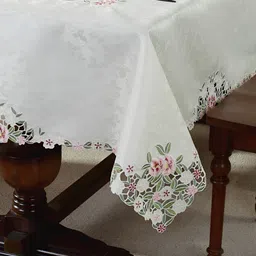 TANLOOMS White & Pink Floral Embroidered Rectangle Table Cover image 3