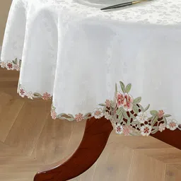 TANLOOMS White & Peach Floral Embroidered Rectangle Table Cover image 2