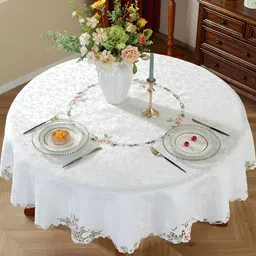 MONKDECOR White Floral Round 6-Seater Table Cover with Embroidered details image 2