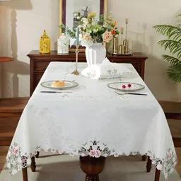 TANLOOMS White & Pink Floral Embroidered Rectangle Table Cover image 2