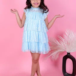 KidsDew Girls Conversational Printed High Neck Layered Net A-Line Dress-picture-11