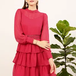 STREET 9 Fuchsia Self Design High Neck Puff Sleeves Layered Fit & Flare Dress-picture-36