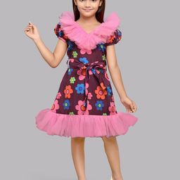 Pink Chick Girls Floral Printed Puff Sleeves Ruffled A-Line Dress With Belt-picture-48