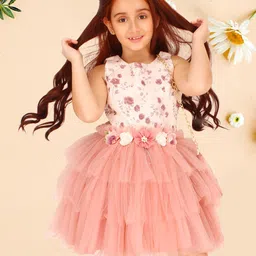 CUTECUMBER Girls Floral Print Round Neck Sleeveless Georgette Ruffles Fit & Flare Dress-picture-25
