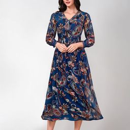BAESD Floral Printed V-Neck Puff Sleeves Gathered Detailed Fit & Flare Midi Dress-picture-14