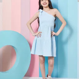 pspeaches Girls Striped One Shoulder Crepe Fit & Flare Dress-picture-8