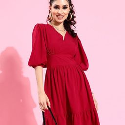 Sera Maroon Puff Sleeve Fit & Flare Dress-picture-4