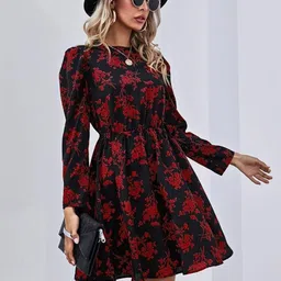 StyleCast Black Round Neck Floral Print Puff Sleeve Fit & Flare Dress-image-60