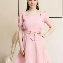 BAESD Square Neck Puff Sleeves Fit & Flare Dress With Belt-picture-13