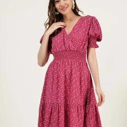 DRIRO Polka Dot Printed Smocked Puff Sleeve Fit & Flare Dress image 1