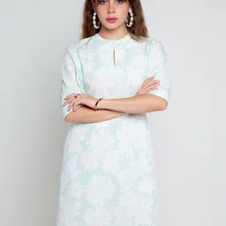 Zink London Blue Floral Keyhole Neck A-Line Dress-image-69