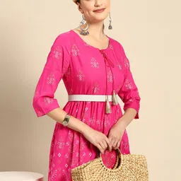 Sangria Women Pink & Golden Printed Tie-Up Neck A-Line Dress-image-54