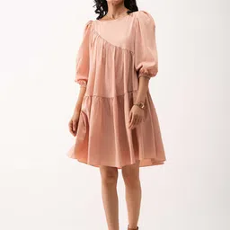 AASK Puff Sleeves Gathered Details Drop Waist Dress-picture-28