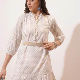 Vishudh Printed Tie-Up Neck Puff Sleeves A-Line Dress-image-97