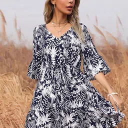 StyleCast Navy Blue Floral Printed V-Neck Bell Sleeve Gathered Detailed Fit & Flare Dress-image-36