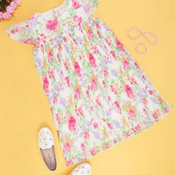 Pantaloons Junior Round Neck Floral Print Flutter Sleeve A-Line Dress-picture-32