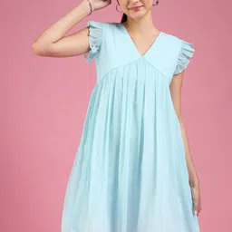 DressBerry Turquoise Blue Self Design V-Neck Flutter Sleeves Pleated Dobby A-Line Dress-picture-19