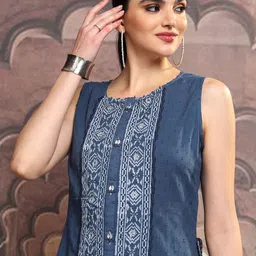 Vishudh Geometric Printed Embroidered Cotton Midi A-Line Dress-picture-37