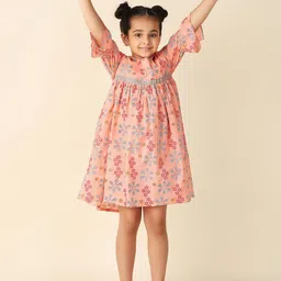 Fabindia Girls Floral Printed Bell Sleeves Cotton A-Line Dress-picture-18