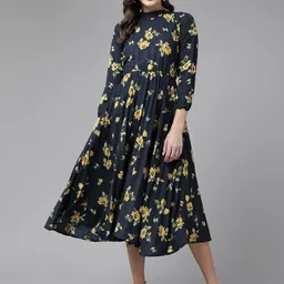 The Roadster Lifestyle Co Women Floral Printed Round Neck Fit & Flare Midi Dress-picture-35