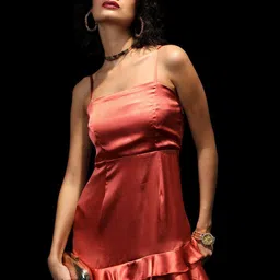 Tokyo Talkies Women Rust Satin Frill Detail Strapy A-Line Dress image 1