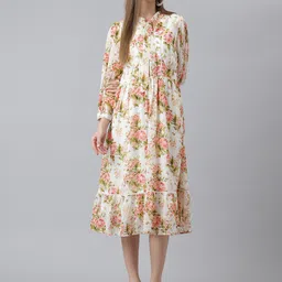 Latin Quarters Floral Printed Tie Up Neck Puff Sleeves Fit & Flare Midi Dress-picture-10