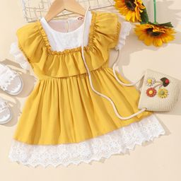StyleCast Girls Yellow Ruffled Lace Detail Puff Sleeves A-Line Dress-picture-28