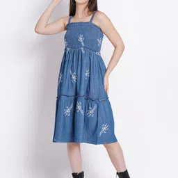 SUMAVI-FASHION Floral Embroidered Smocked Organic Cotton Denim A-Line Dress-image-90
