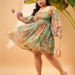 SASSAFRAS Curve Plus Size Green Tropical Printed Puff Sleeves Smocked Fit & Flare Dress image 1