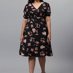 Instafab Plus Women Black & Peach Colored Floral V-neck A-Line Dress-picture-17