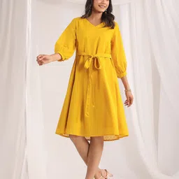 Janasya Yellow V-Neck Puff Sleeves Cotton A-Line Dress-picture-19