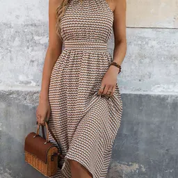 StyleCast White & Brown Chevron Printed Halter Neck Fit & Flare Dress-picture-12