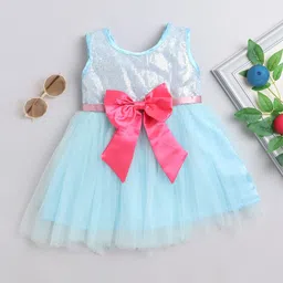 MANY FROCKS & Girls Round Neck Sequined Bow Detail Net Fit & Flare Dress-picture-45