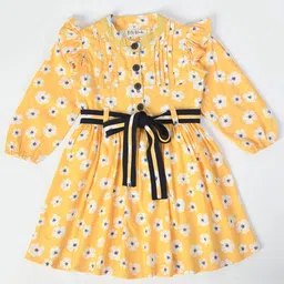 Bella Moda Girls Floral Printed Puff Sleeves Gathered Cotton Fit & Flare Dress With Belt-picture-29