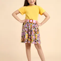 YK Girls Floral Printed Fit & Flare Dress With Belt-image-56